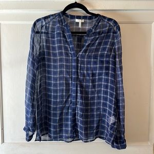 Women’s Blue Silk Joie sheer long sleeve blouse with collarless neck and pocket